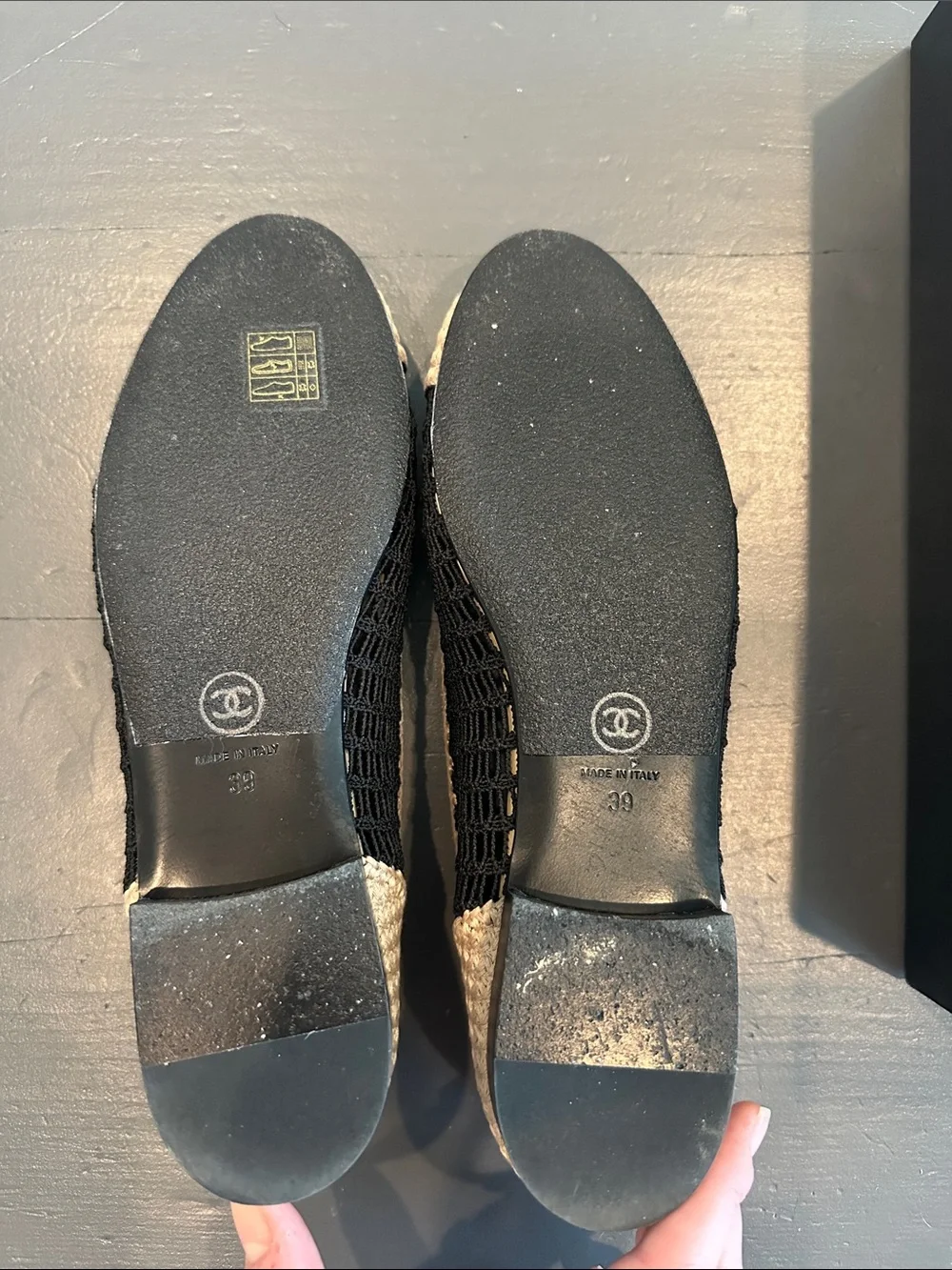 CHANEL Black and Beige Crochet Cap-Toe Ballet Flats
